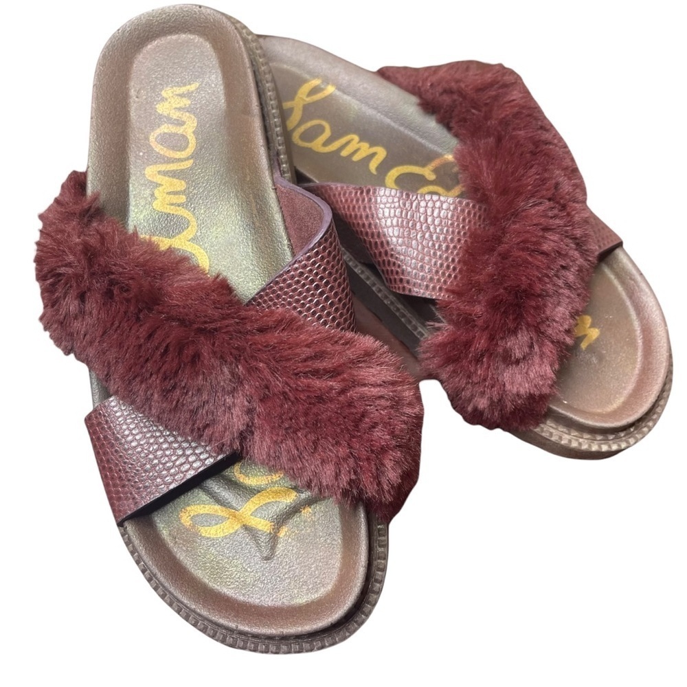Sam Edelman Bianca Women Leather Vegan Fur Burgundy Leather Platform Sandals